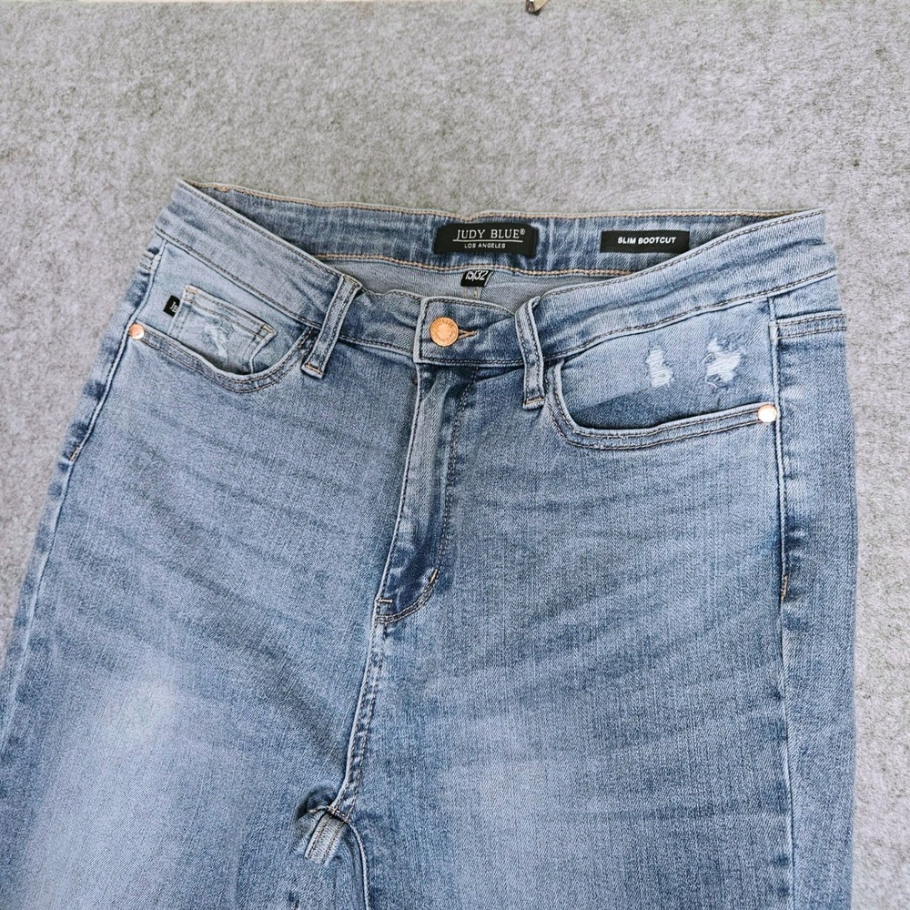 Judy Blue Everly Bootcut Jeans Light Wash Distressed Side Slit 15/32 High Rise